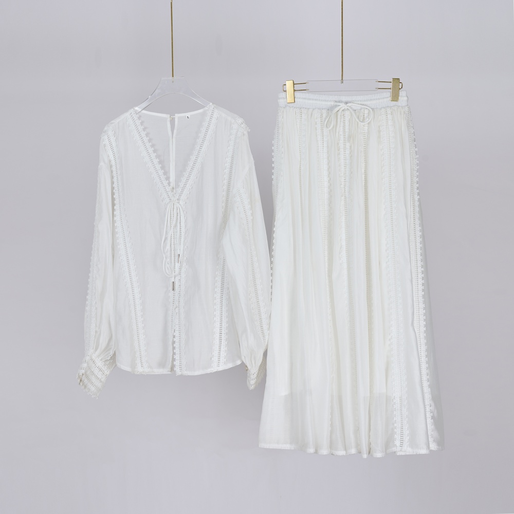 Lantern sleeve short skirt drawstring shirt 2pcs set for women