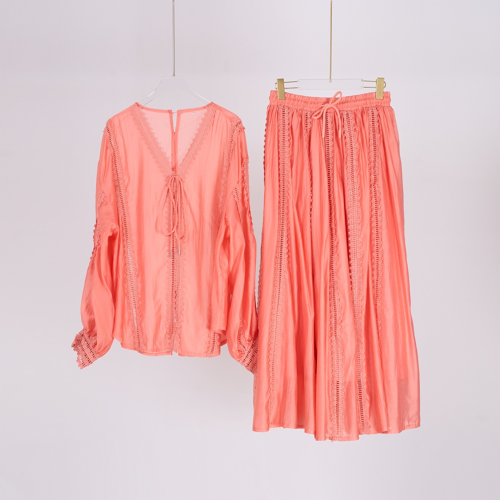 Lantern sleeve short skirt drawstring shirt 2pcs set for women