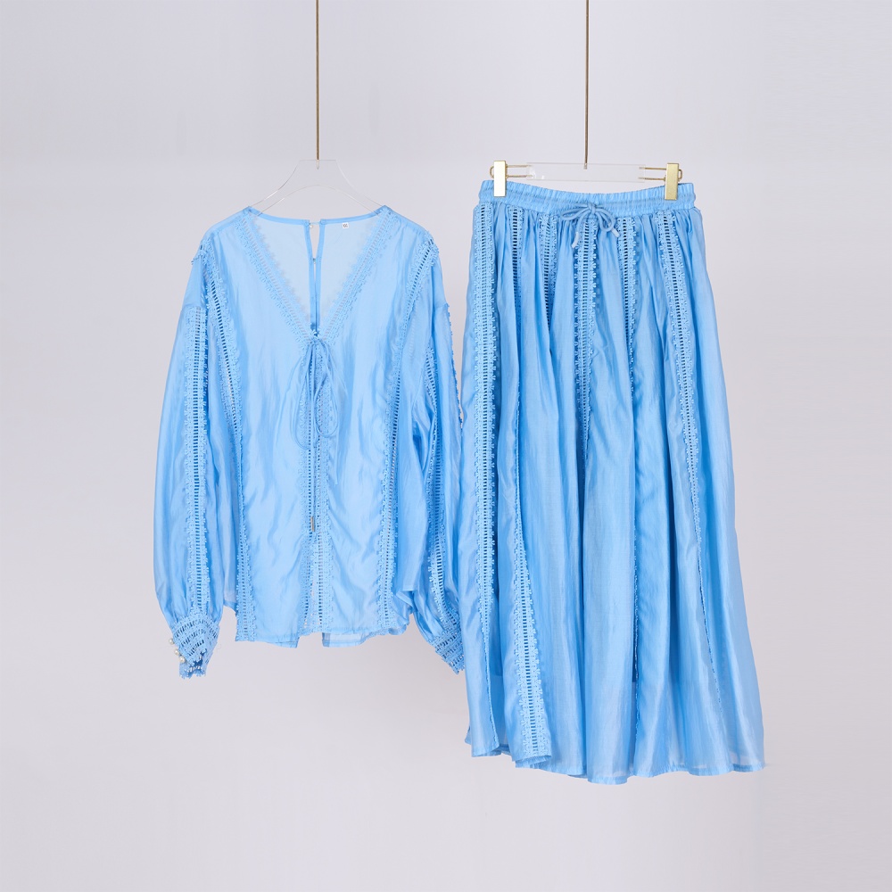Lantern sleeve short skirt drawstring shirt 2pcs set for women
