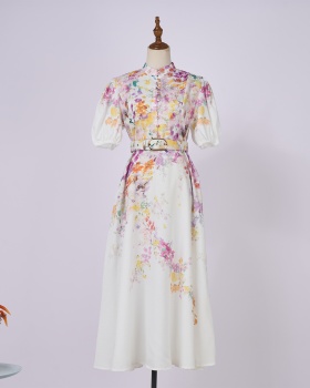 Art cstand collar short sleeve elegant flowers lantern dress