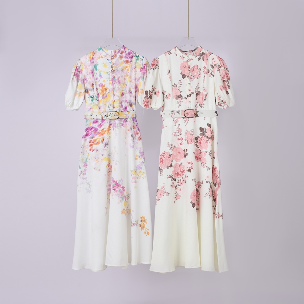 Art cstand collar short sleeve elegant flowers lantern dress