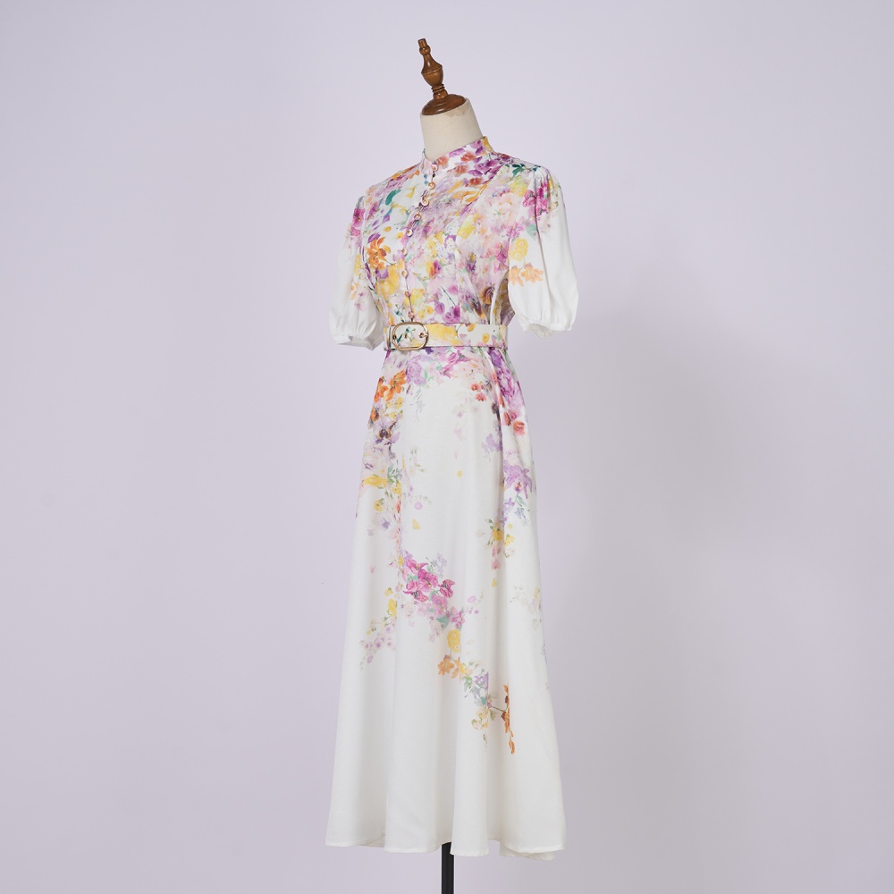 Art cstand collar short sleeve elegant flowers lantern dress