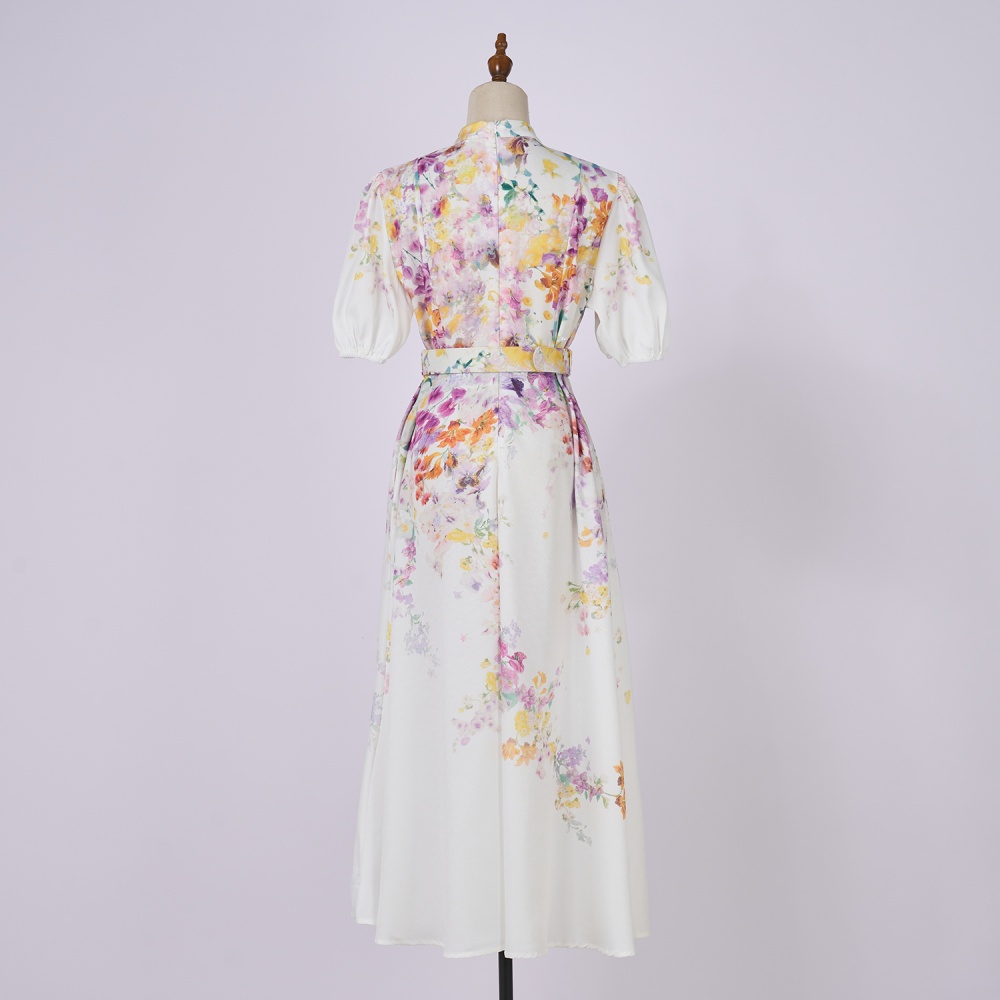 Art cstand collar short sleeve elegant flowers lantern dress