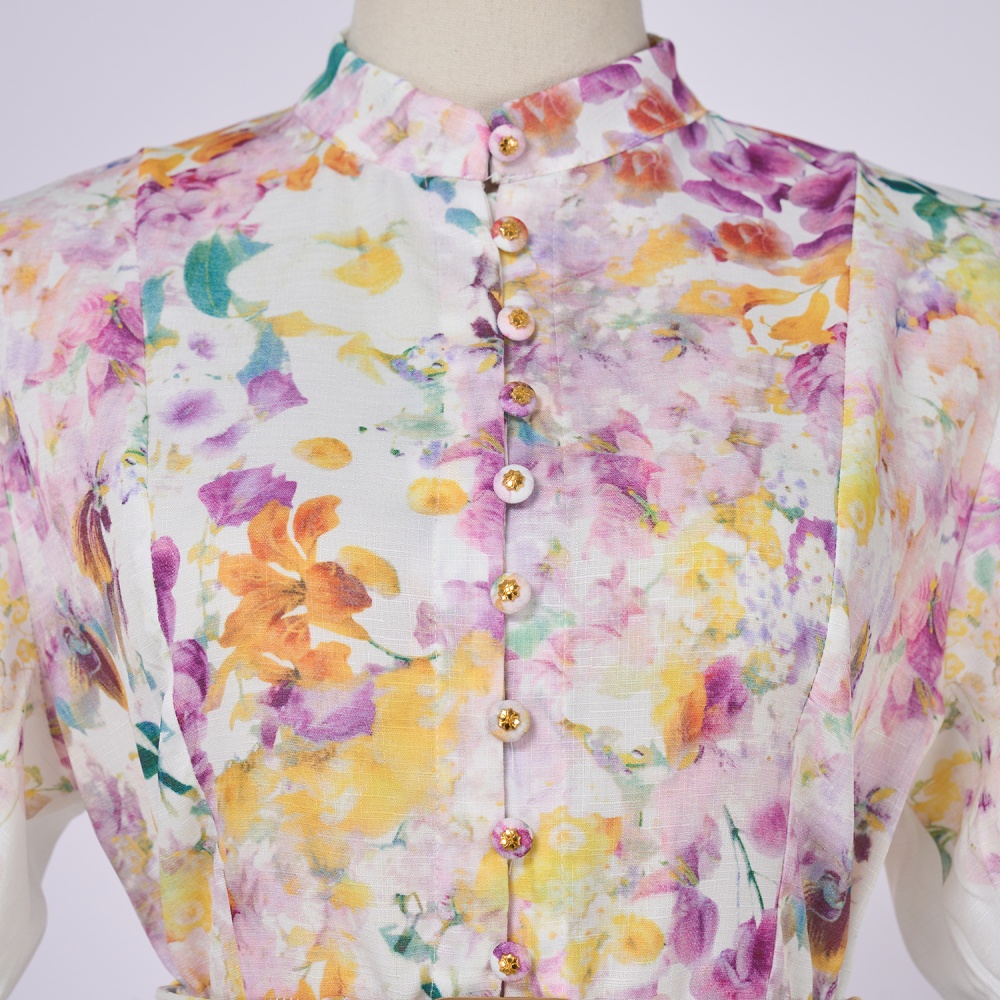 Art cstand collar short sleeve elegant flowers lantern dress