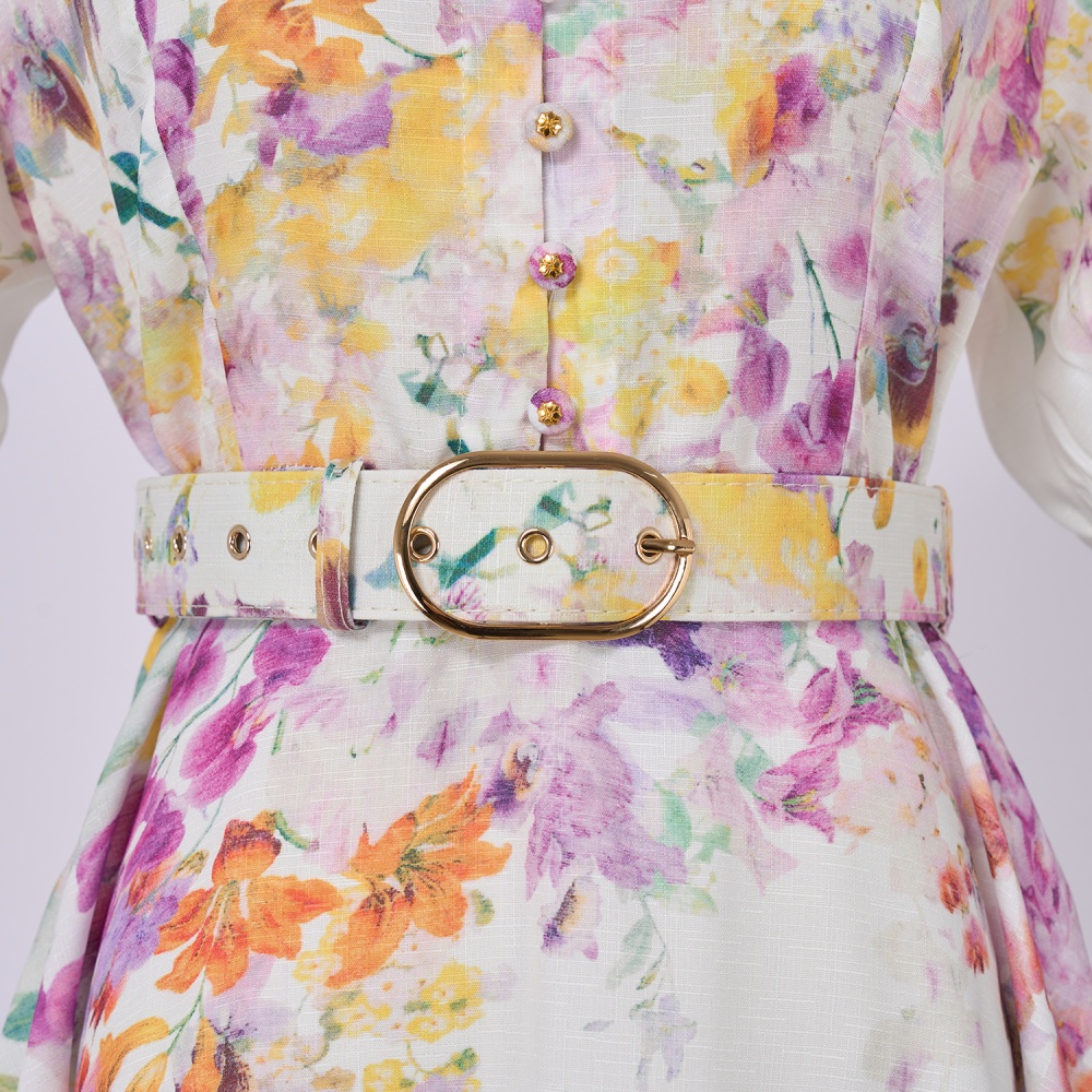 Art cstand collar short sleeve elegant flowers lantern dress