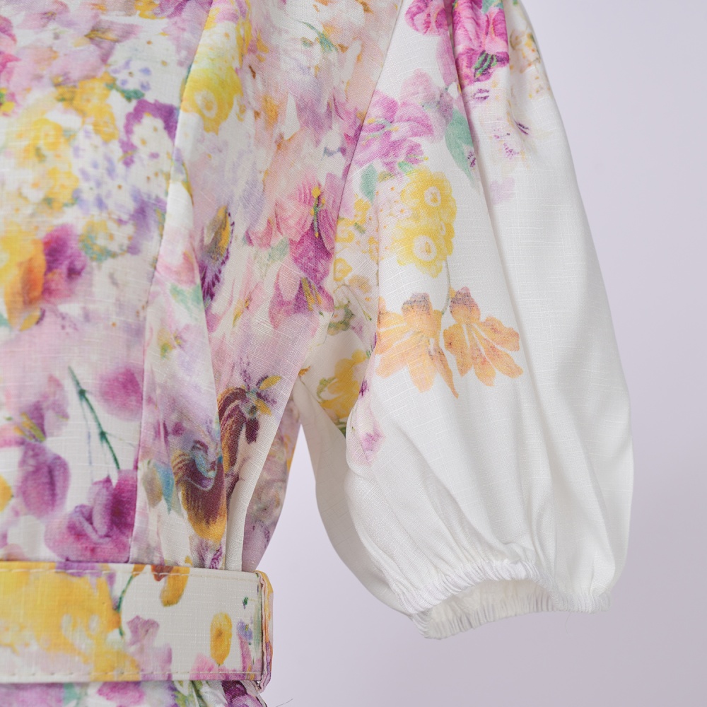 Art cstand collar short sleeve elegant flowers lantern dress