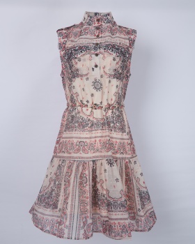 Single-breasted with belt dress sling printing T-back