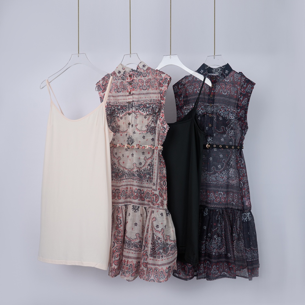 Single-breasted with belt dress sling printing T-back