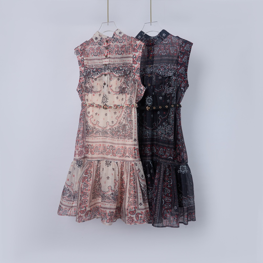 Single-breasted with belt dress sling printing T-back