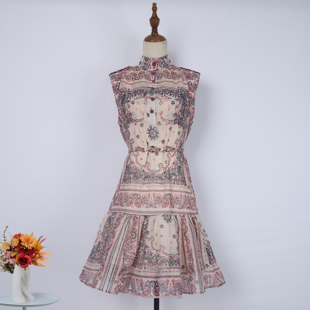Single-breasted with belt dress sling printing T-back