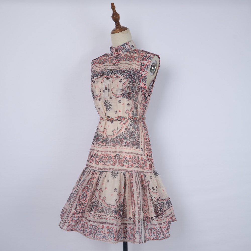 Single-breasted with belt dress sling printing T-back