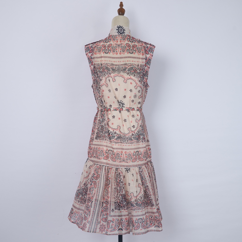 Single-breasted with belt dress sling printing T-back