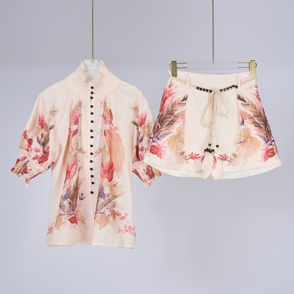 Printing flax tops fashionable short sleeve shirt a set for women