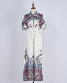 Printing retro tops lapel long pants 2pcs set