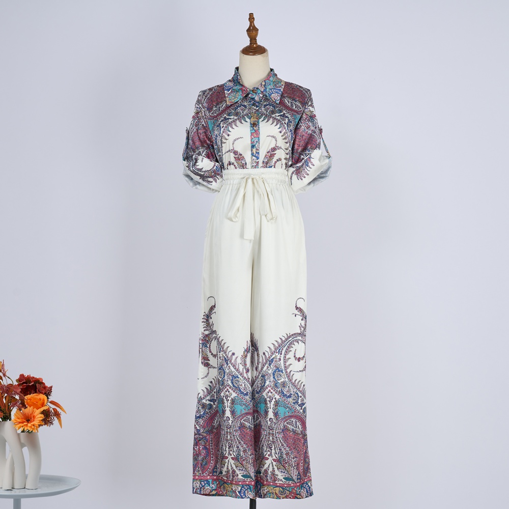 Printing retro tops lapel long pants 2pcs set