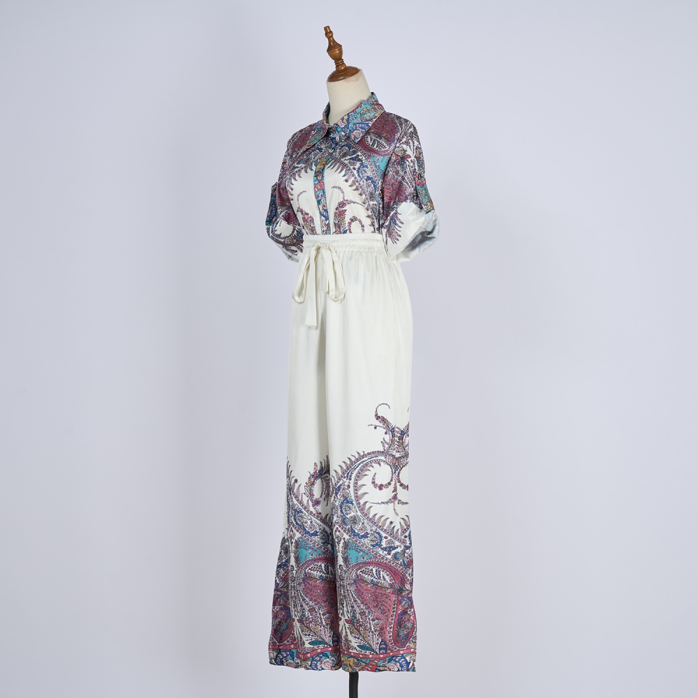 Printing retro tops lapel long pants 2pcs set