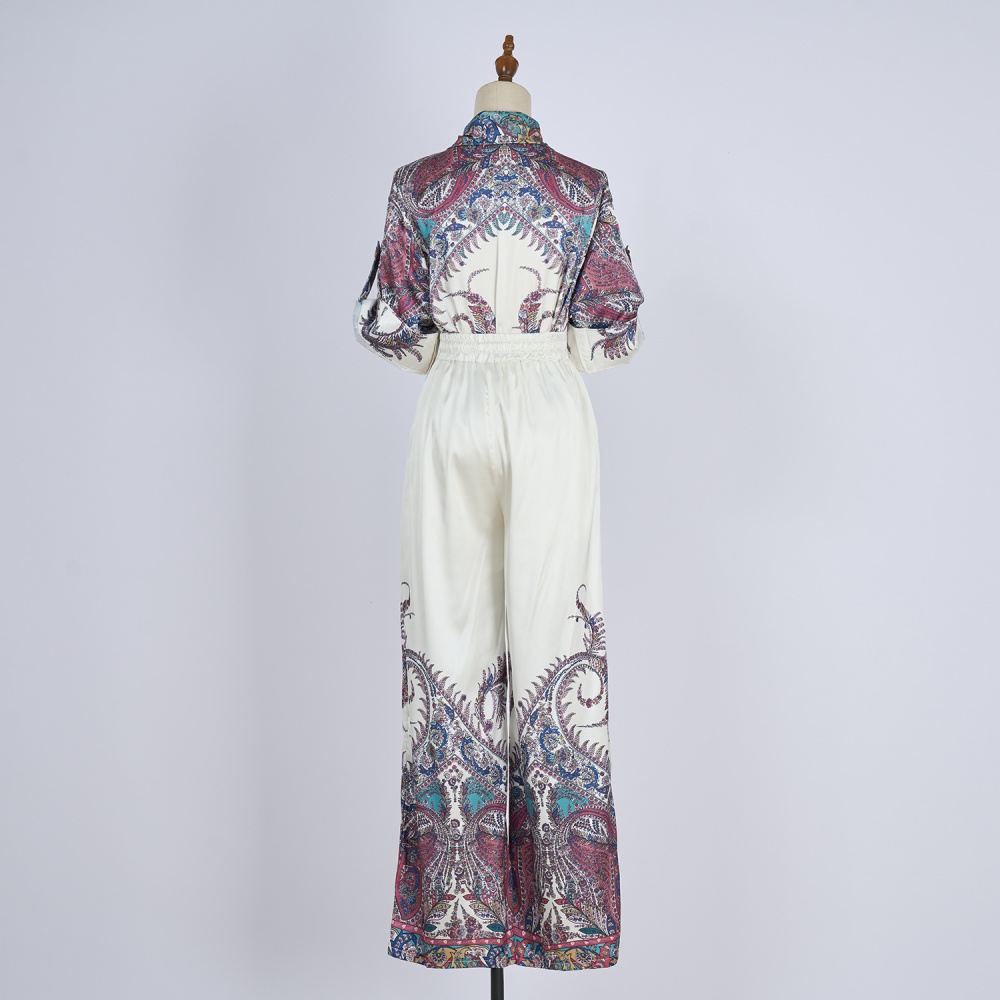 Printing retro tops lapel long pants 2pcs set