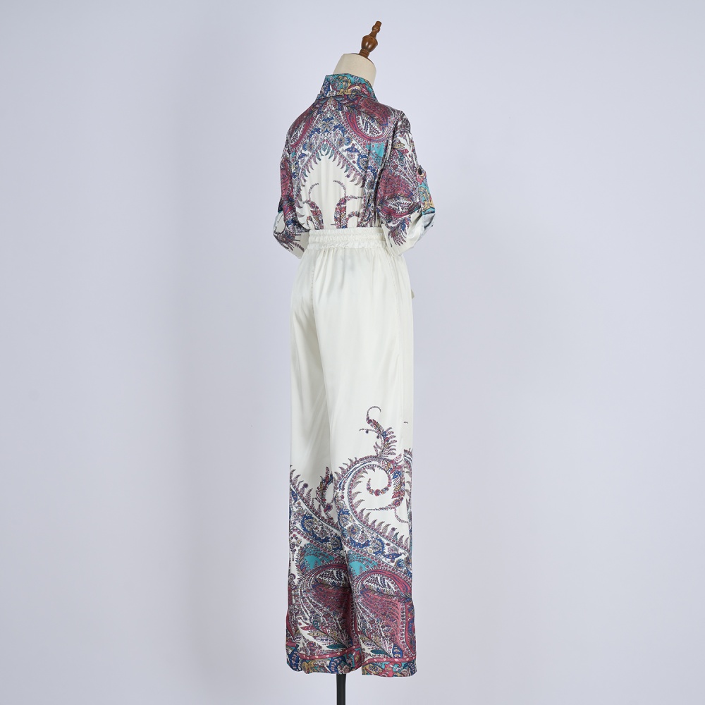 Printing retro tops lapel long pants 2pcs set