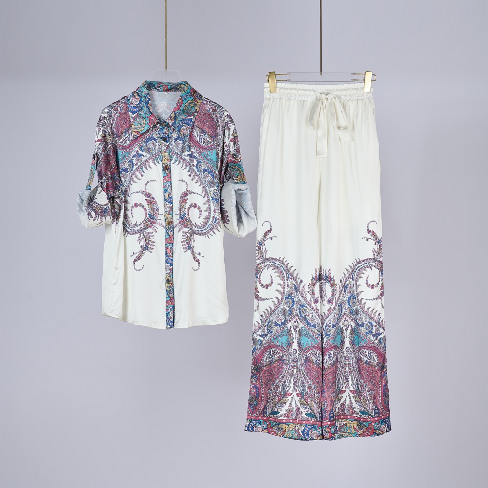Printing retro tops lapel long pants 2pcs set