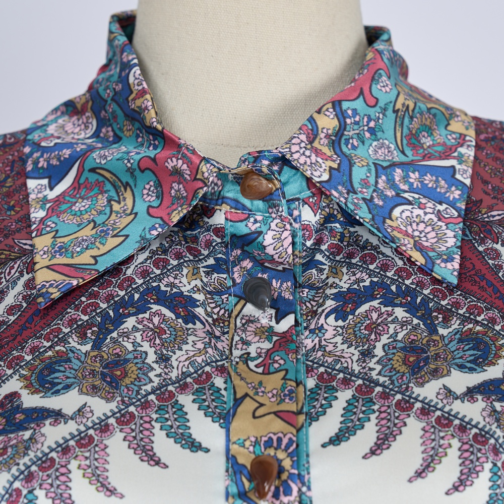 Printing retro tops lapel long pants 2pcs set