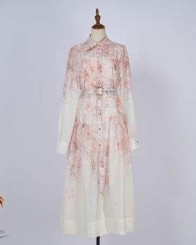 European style printing dress spring and summer lapel belt