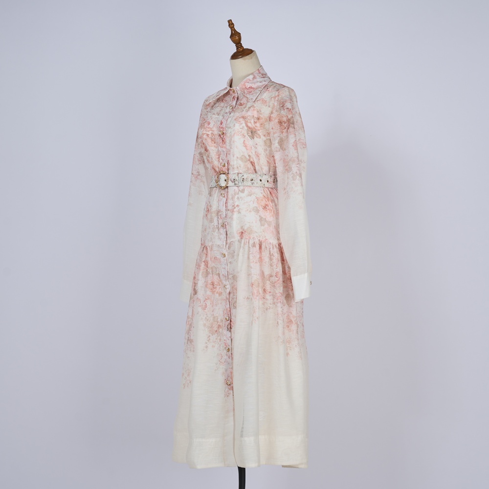 European style printing dress spring and summer lapel belt