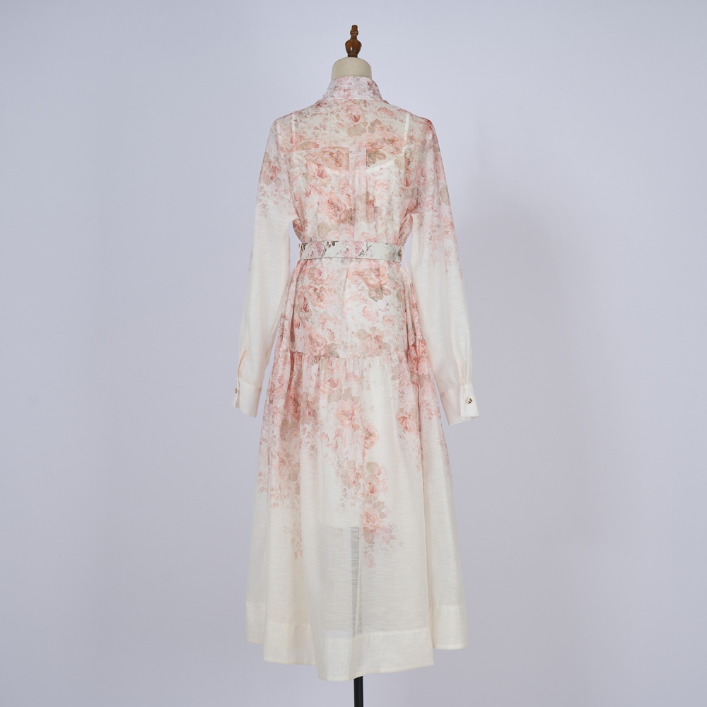 European style printing dress spring and summer lapel belt