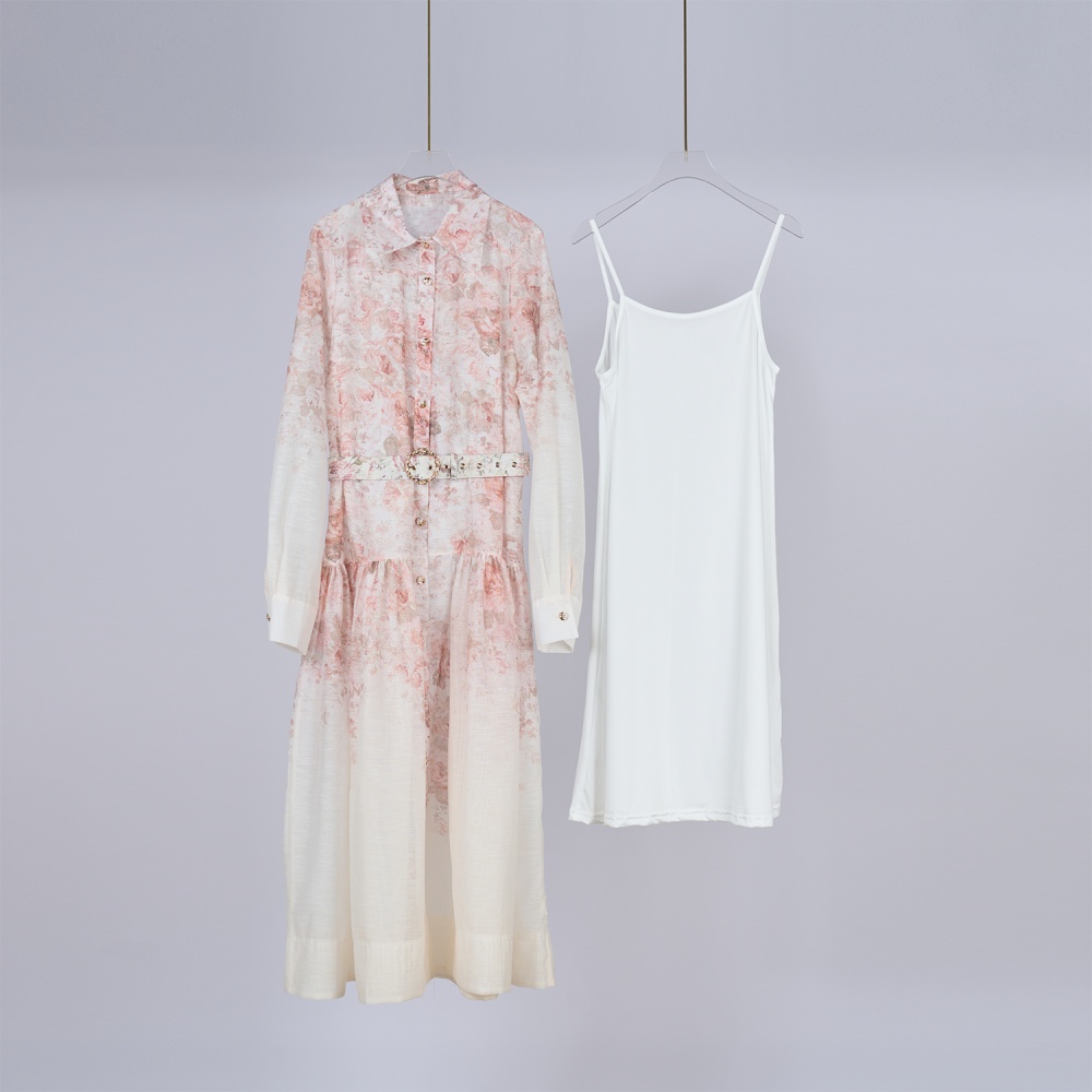 European style printing dress spring and summer lapel belt