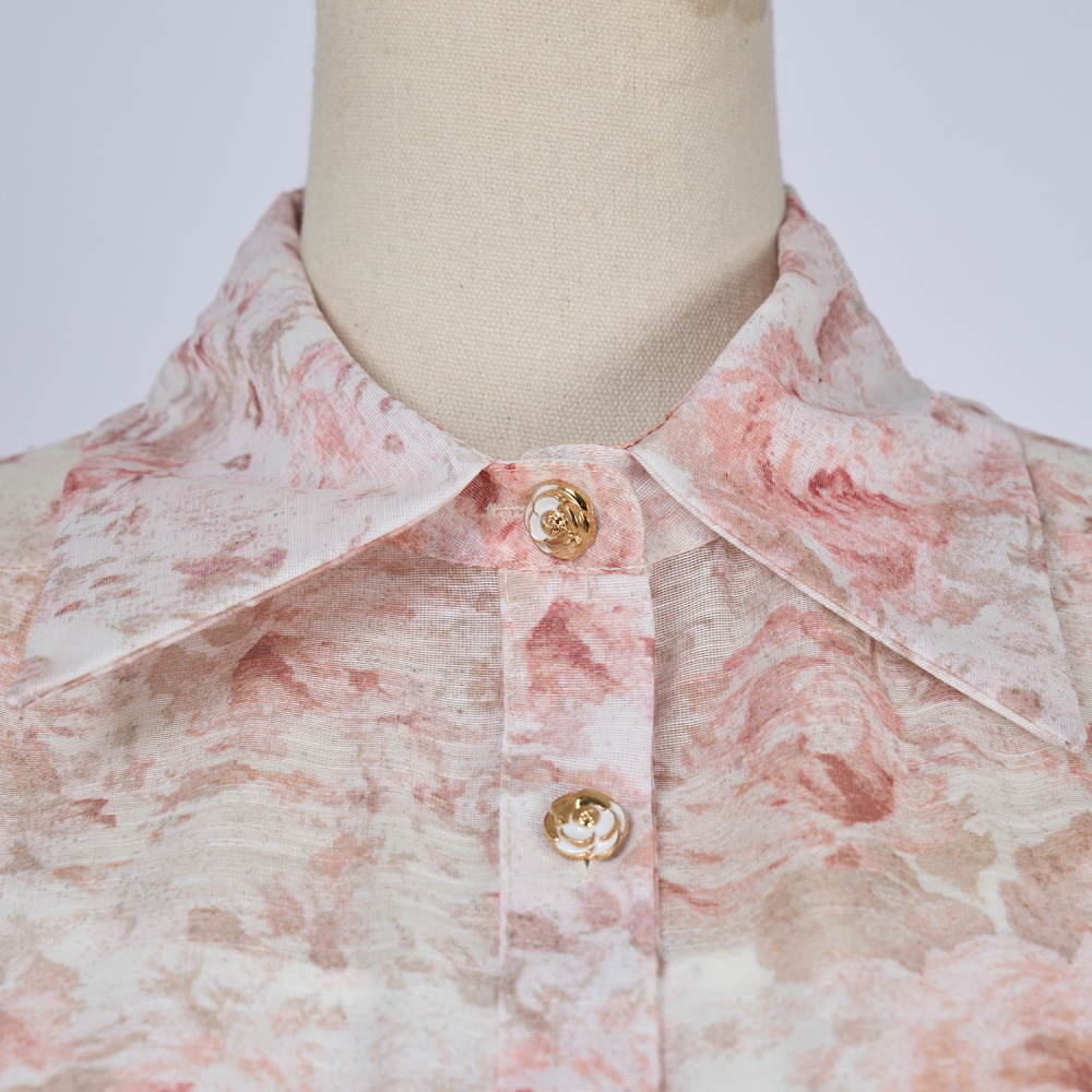 European style printing dress spring and summer lapel belt