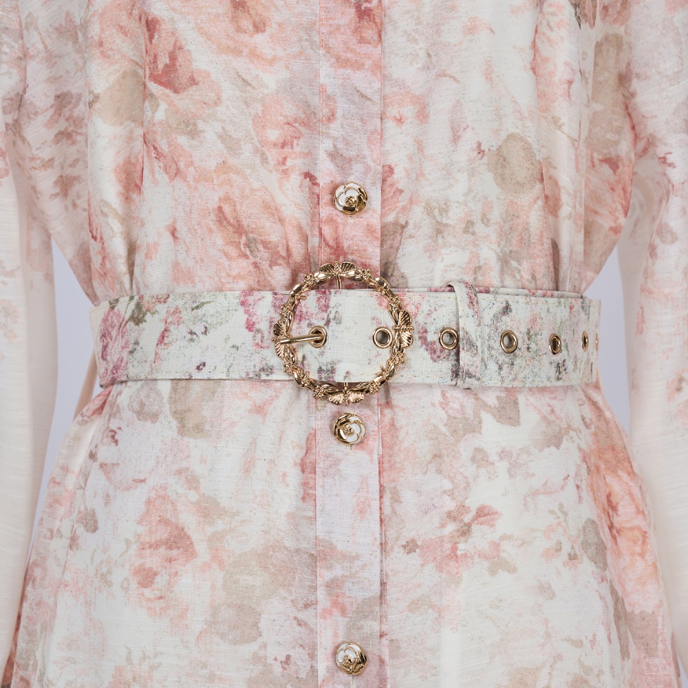 European style printing dress spring and summer lapel belt