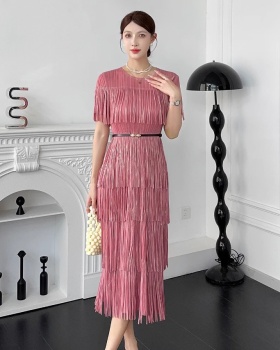 Short sleeve tassels loose bronzing elegant dress