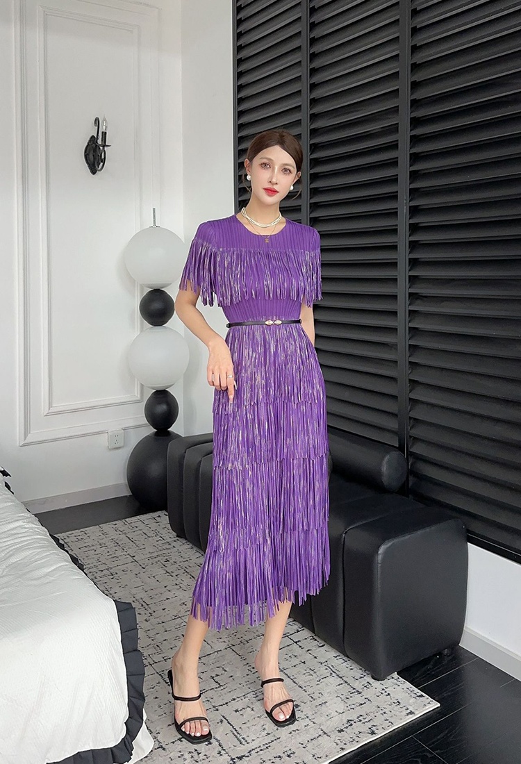 Short sleeve tassels loose bronzing elegant dress