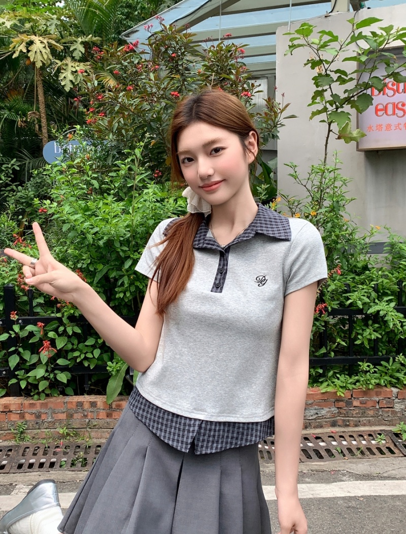 Short sleeve short slim tops splice summer T-shirt for women