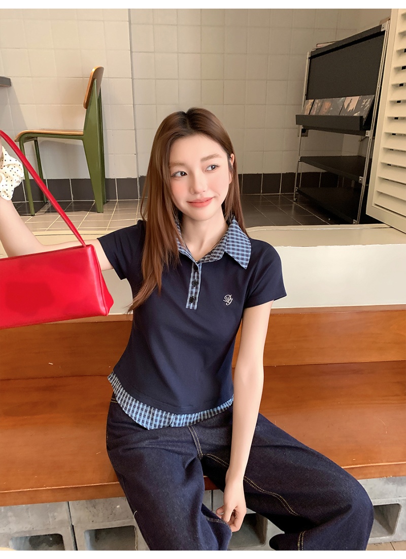 Short sleeve short slim tops splice summer T-shirt for women