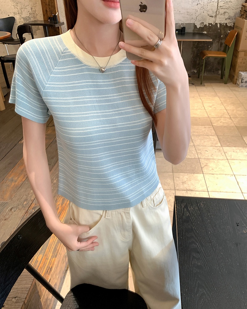 Knitted slim summer T-shirt short stripe tops for women