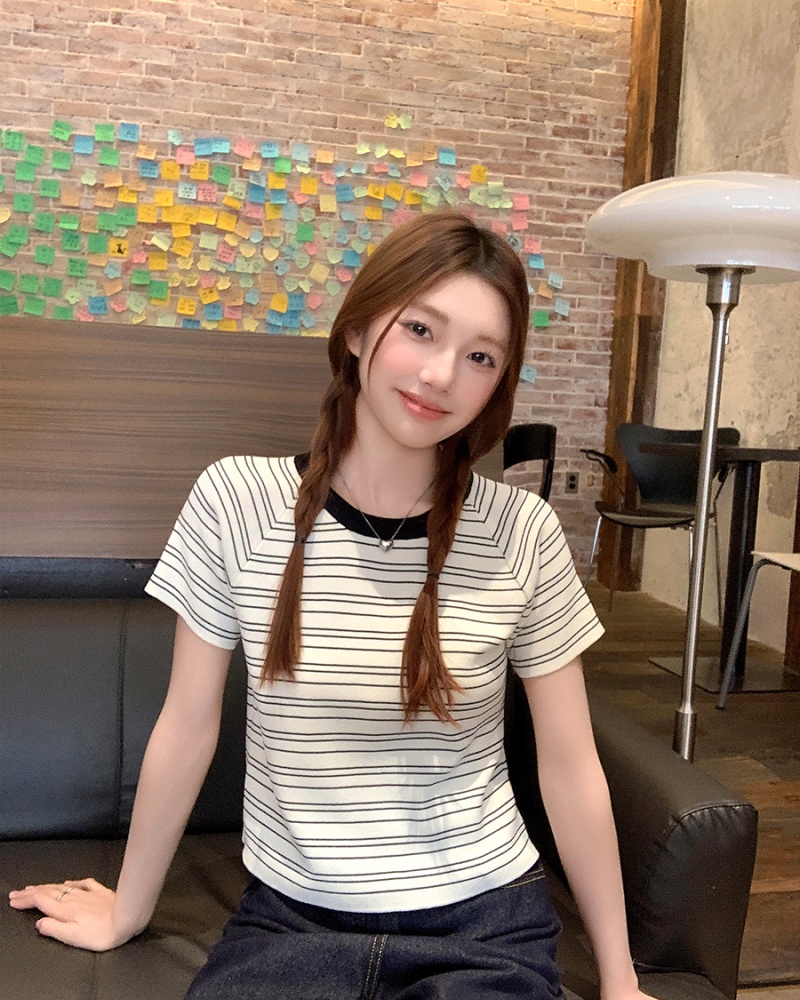 Knitted slim summer T-shirt short stripe tops for women