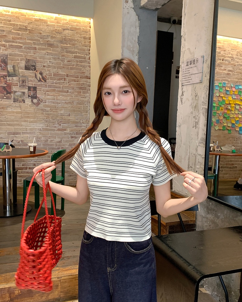 Knitted slim summer T-shirt short stripe tops for women