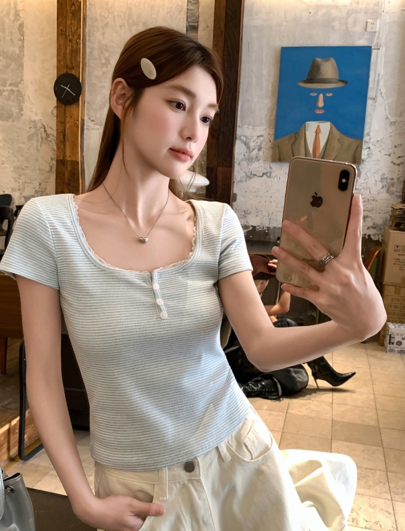 Slim lace short sleeve tops short summer T-shirt for women