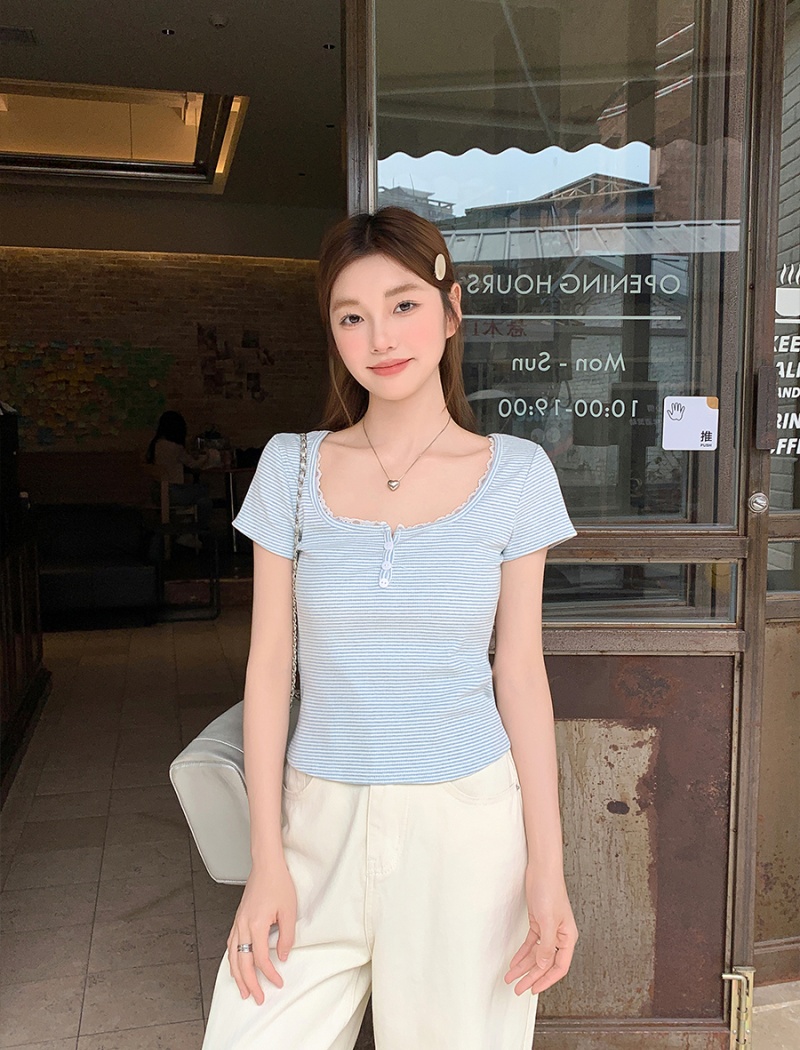 Slim lace short sleeve tops short summer T-shirt for women