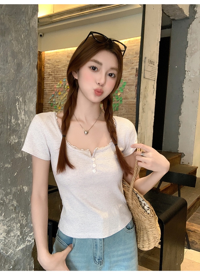 Slim lace short sleeve tops short summer T-shirt for women