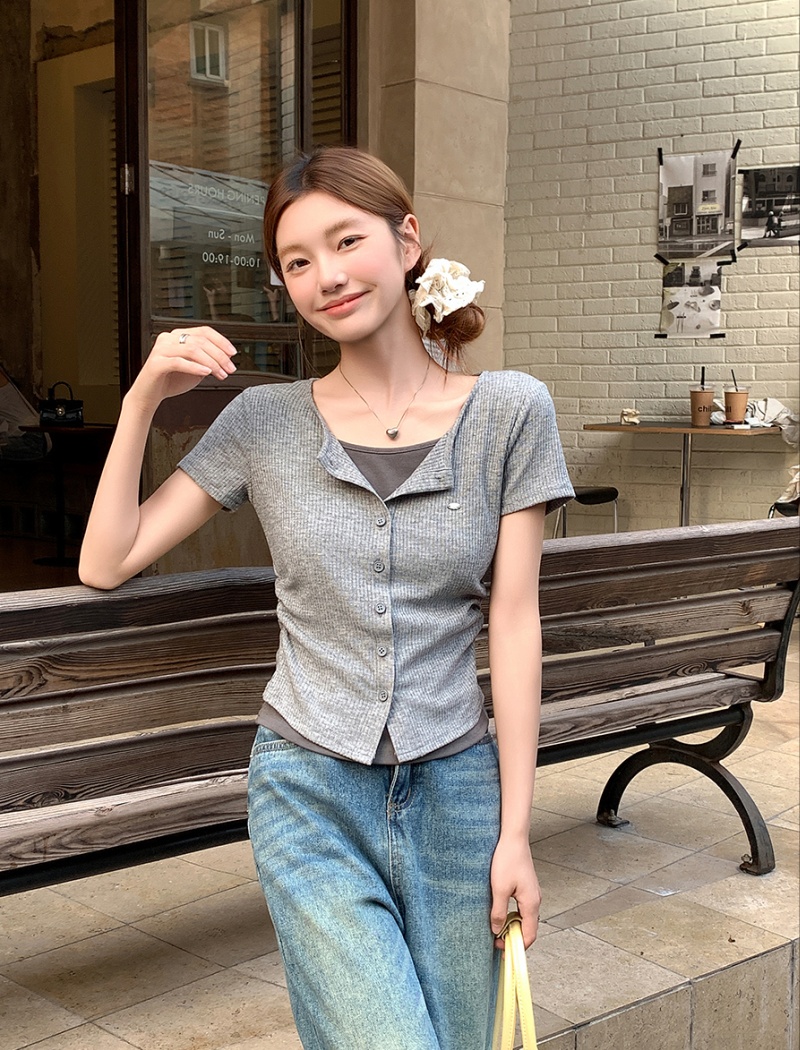 Pseudo-two tops short sleeve T-shirt for women