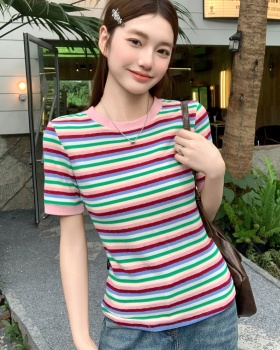 Short sleeve stripe unique tops summer show young T-shirt