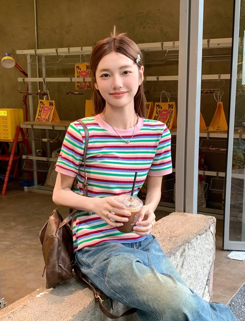Short sleeve stripe unique tops summer show young T-shirt