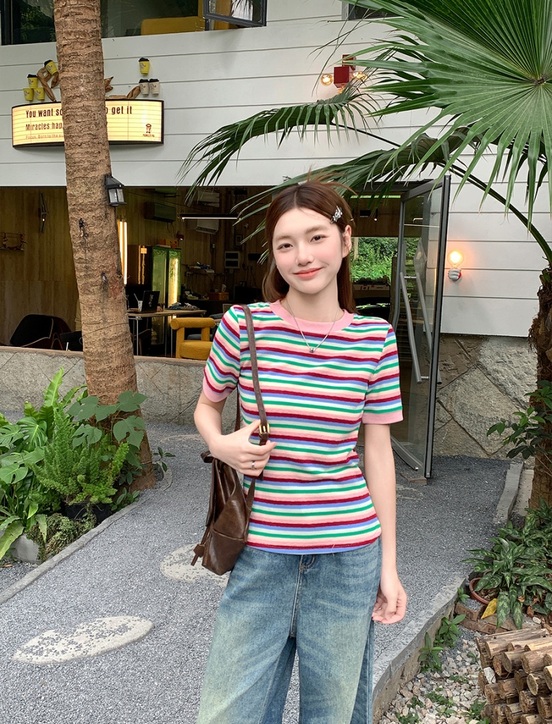 Short sleeve stripe unique tops summer show young T-shirt