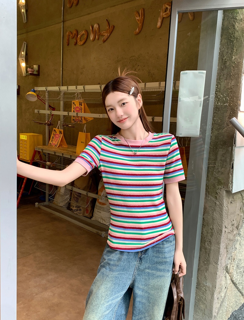 Short sleeve stripe unique tops summer show young T-shirt