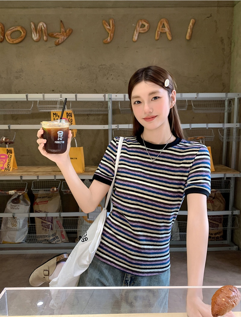 Short sleeve stripe unique tops summer show young T-shirt