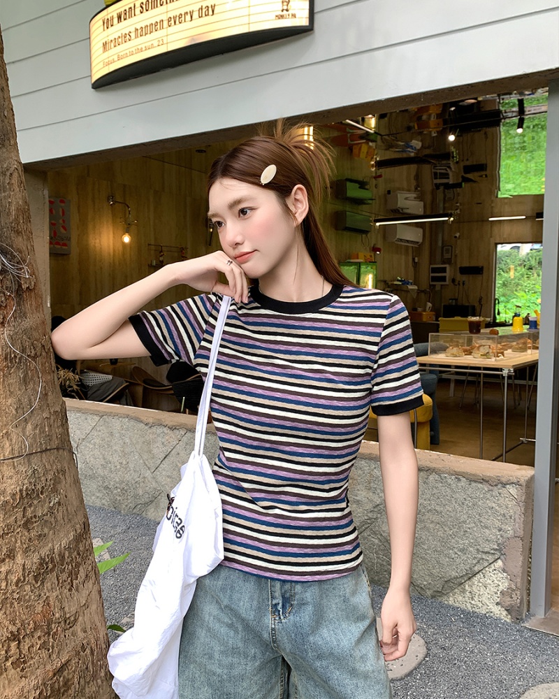 Short sleeve stripe unique tops summer show young T-shirt