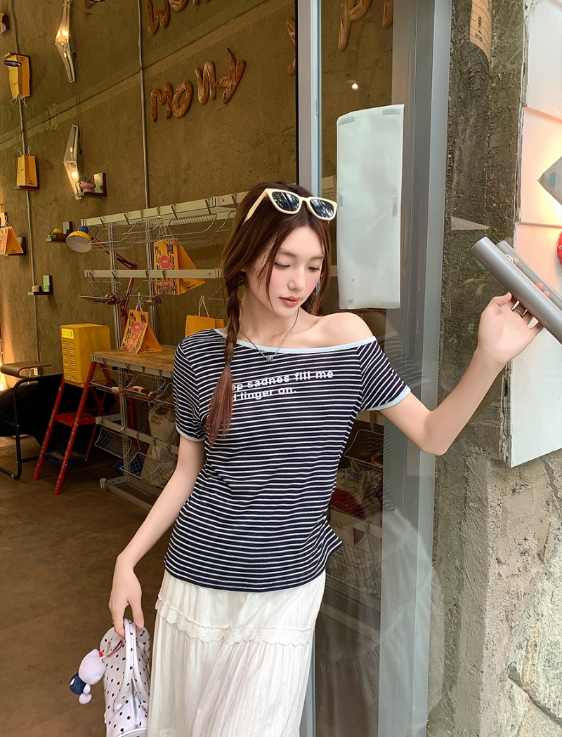 Summer slim T-shirt horizontal collar tops for women
