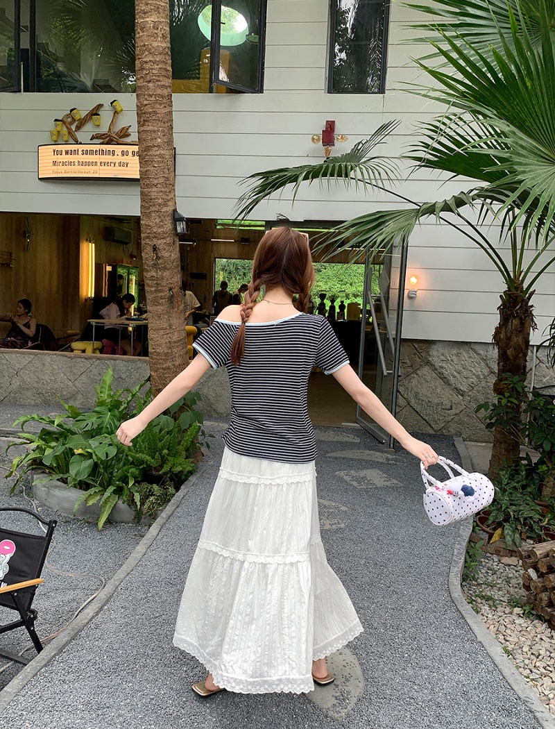 Summer slim T-shirt horizontal collar tops for women