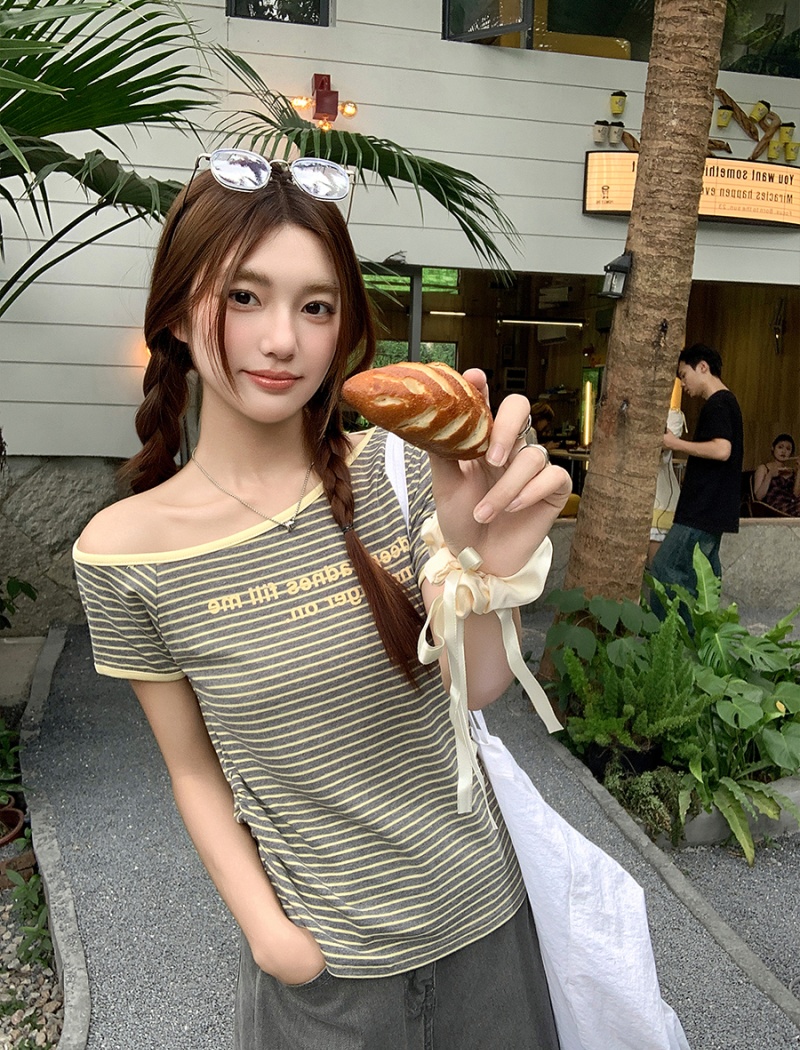 Summer slim T-shirt horizontal collar tops for women